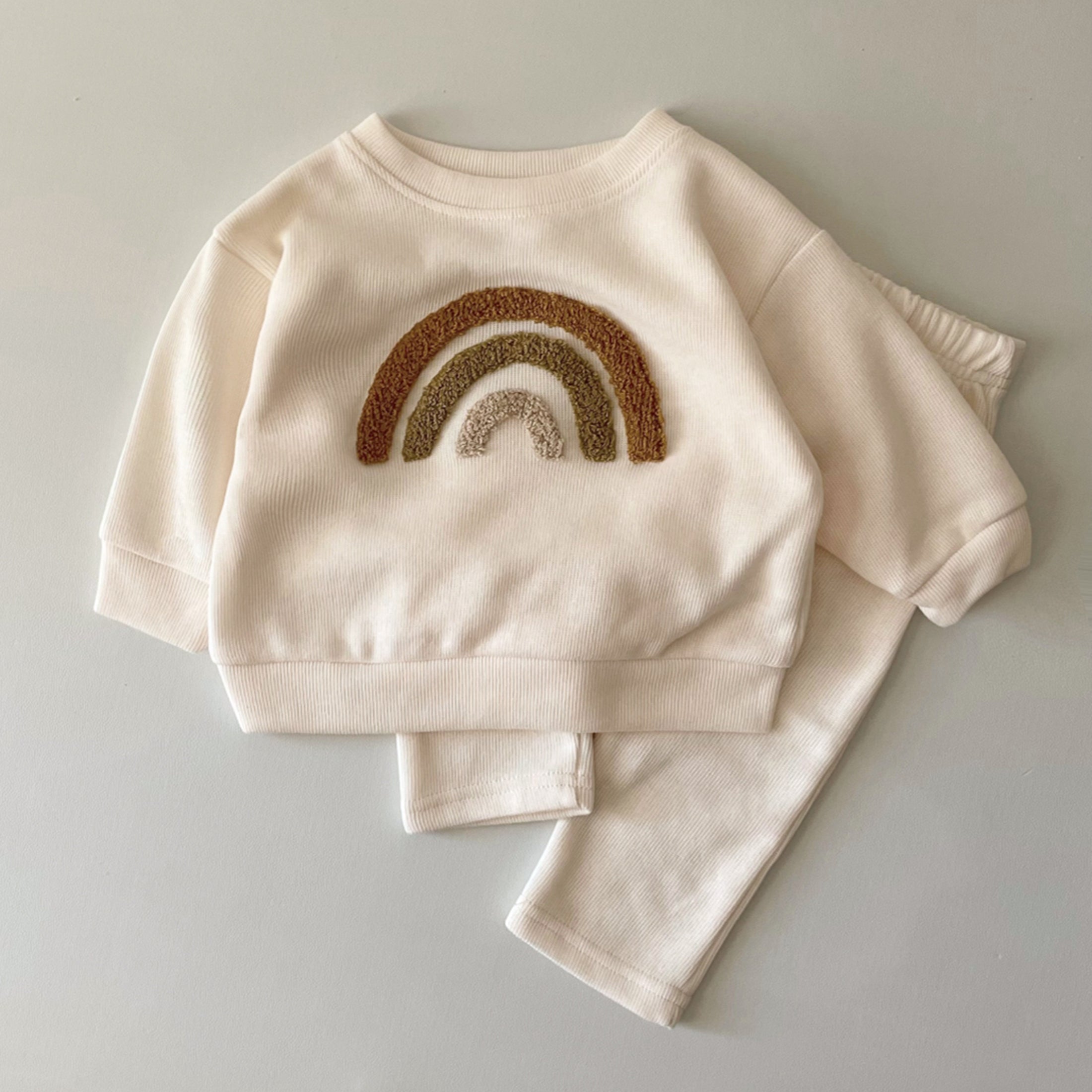 Cream Waffle Baby Set Earth Tone Rainbow Towel Embroidery Newborn 2Pcs