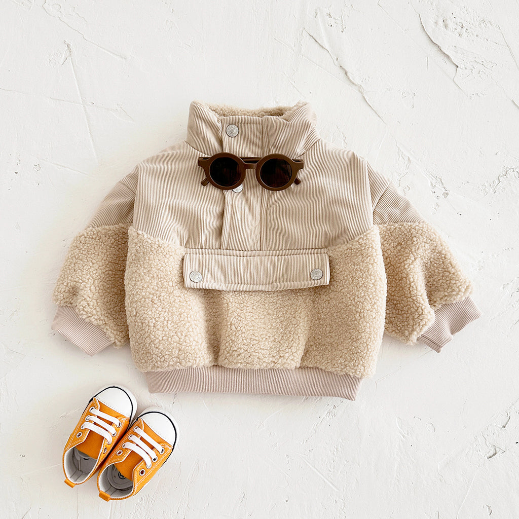 Cute Baby Sherpa Spliced Coat, Corduroy Kids Top With Front Pocket