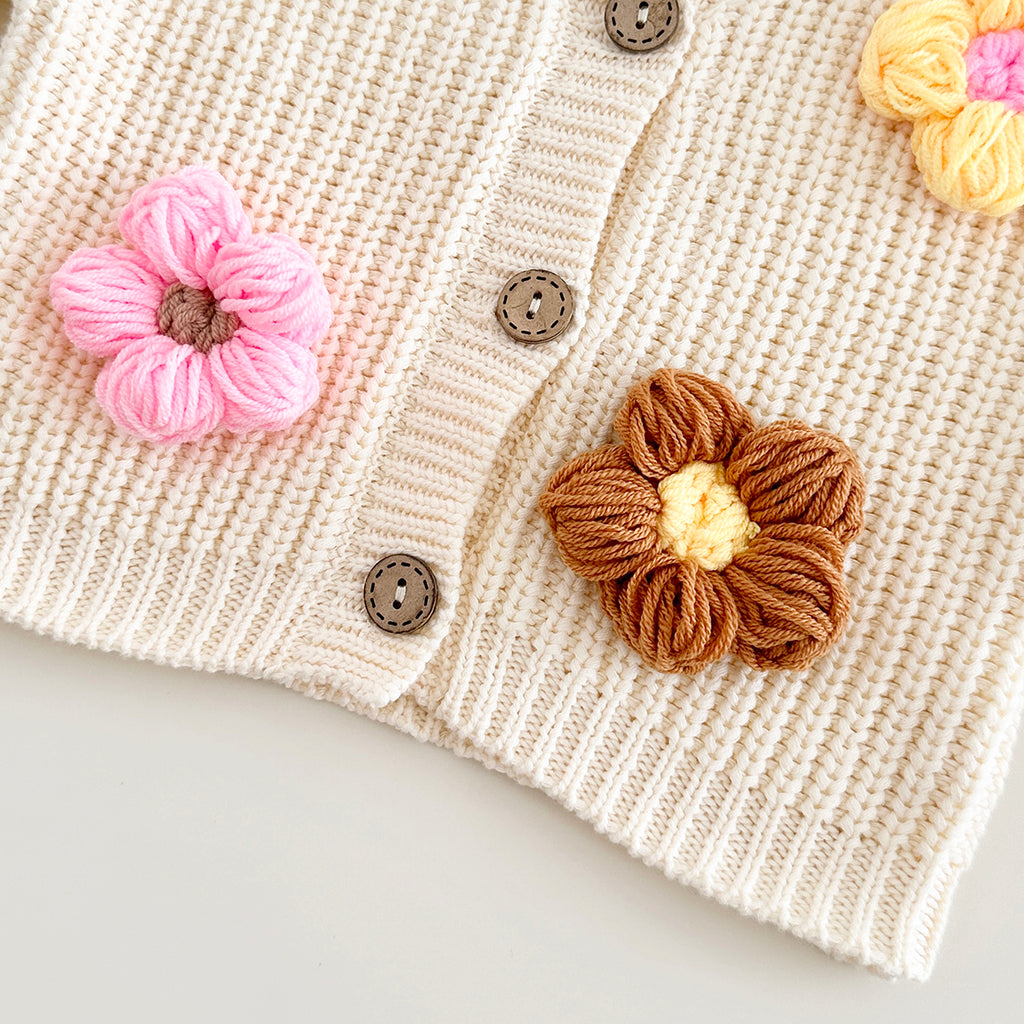 Cute Baby 3D Color Flower Cardigan, Soft Thick Knit Girls Outerwear