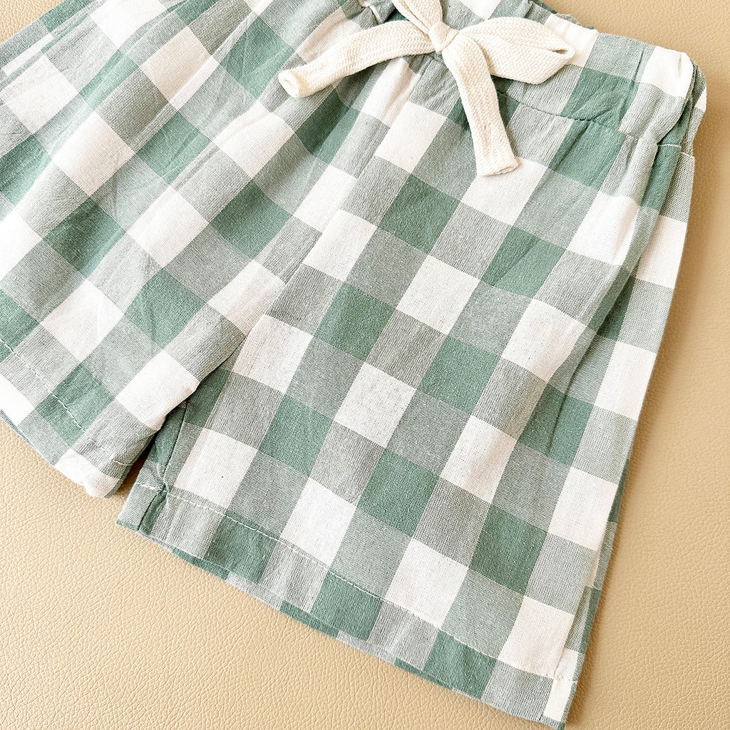 Summer Cartoon Dinosaur Print Short Sleeve T-shirt & Plaid Shorts