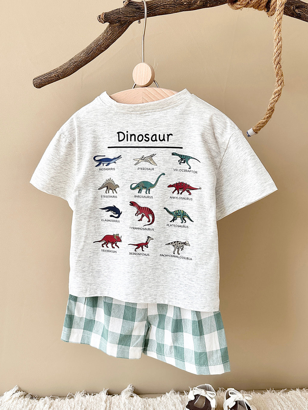 Summer Cartoon Dinosaur Print Short Sleeve T-shirt & Plaid Shorts