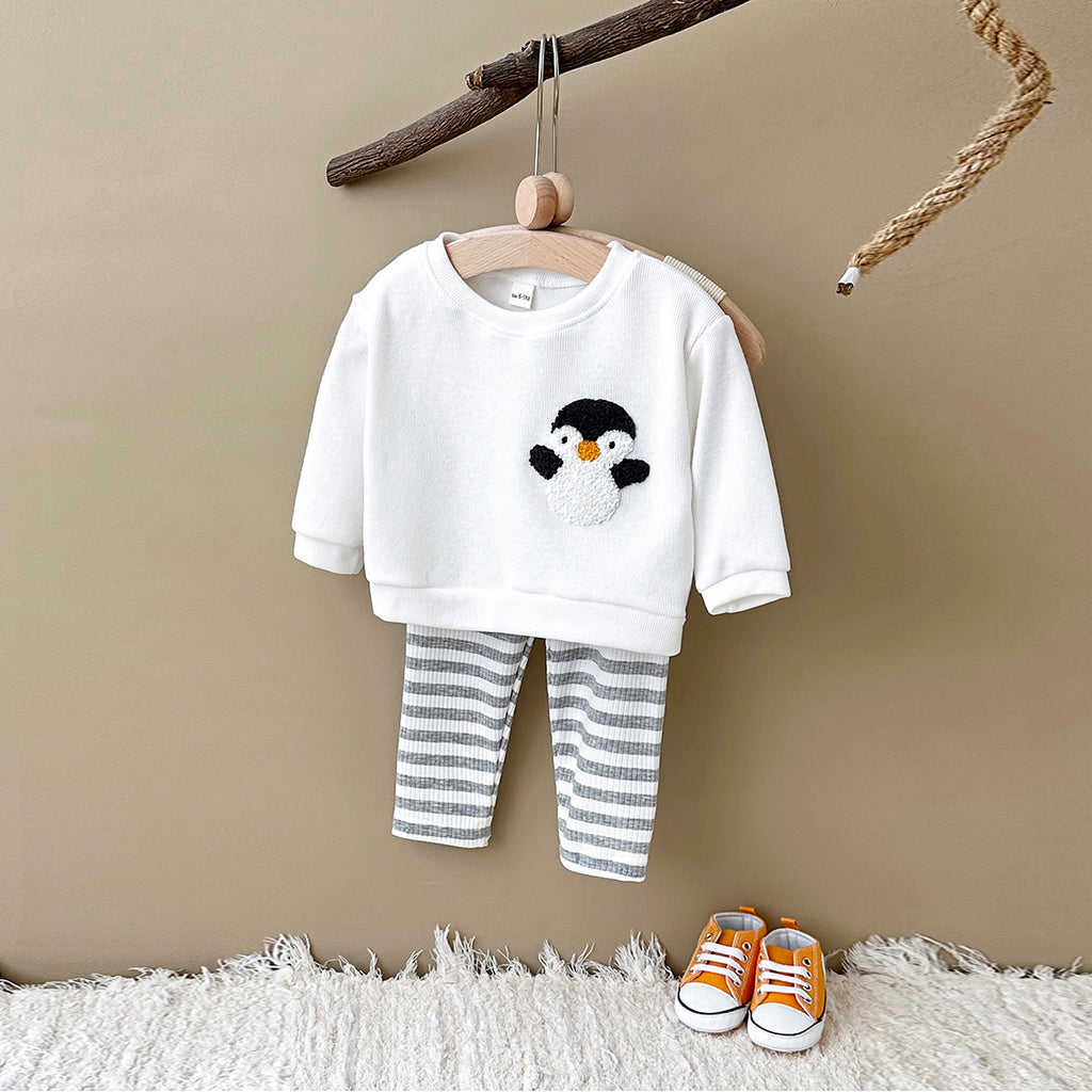 Infant Crew Neck Animal Sweatshirt With Striped Stretch Pants
