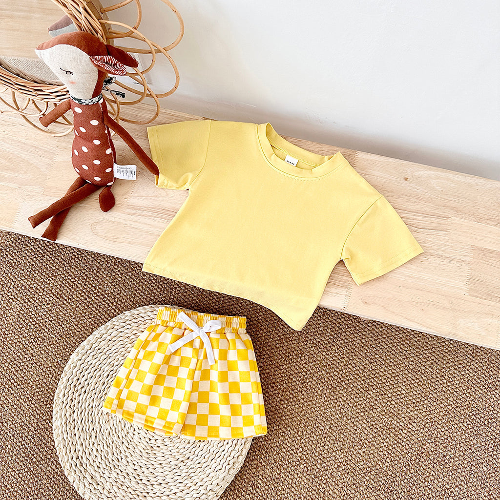Summer Casual Solid Short Sleeve T-shirt & Plaid Shorts