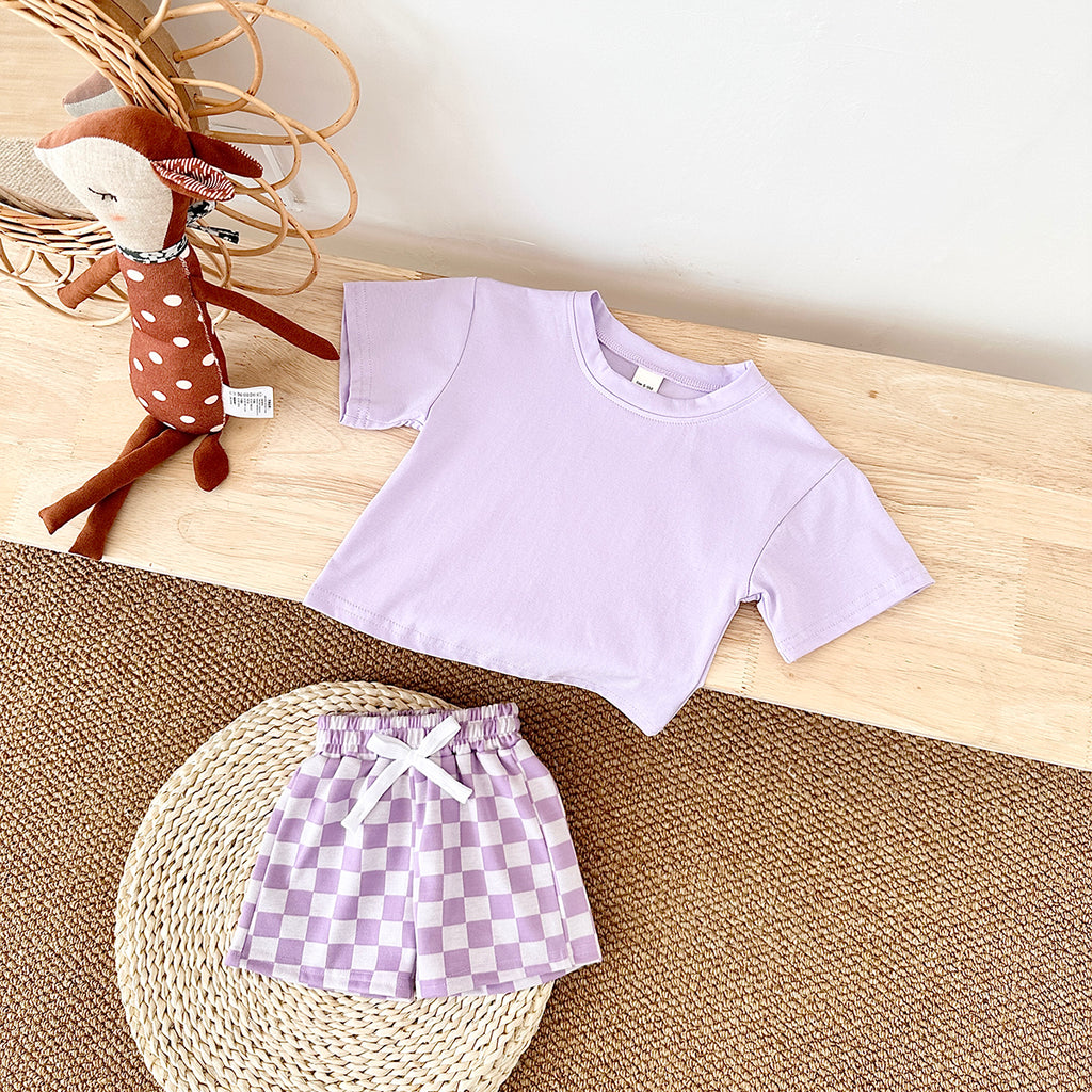 Summer Casual Solid Short Sleeve T-shirt & Plaid Shorts