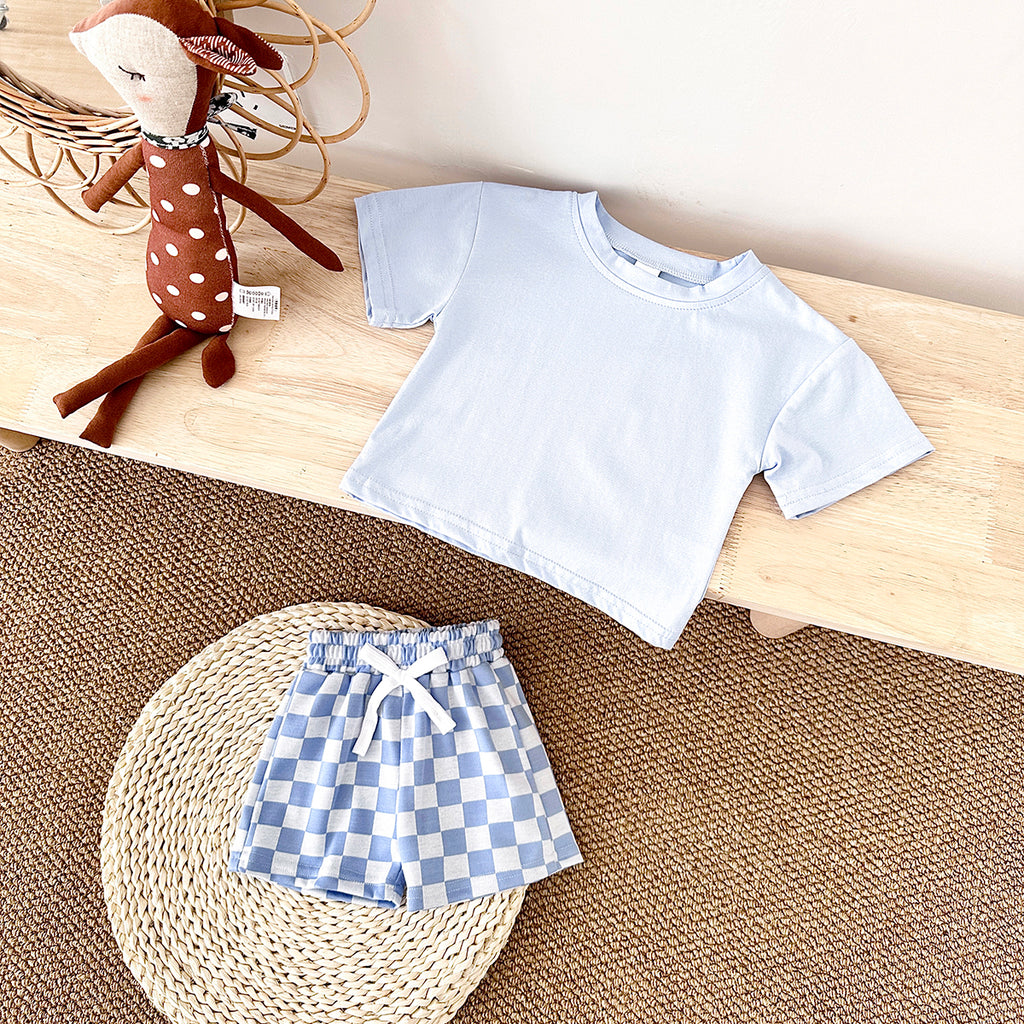 Summer Casual Solid Short Sleeve T-shirt & Plaid Shorts
