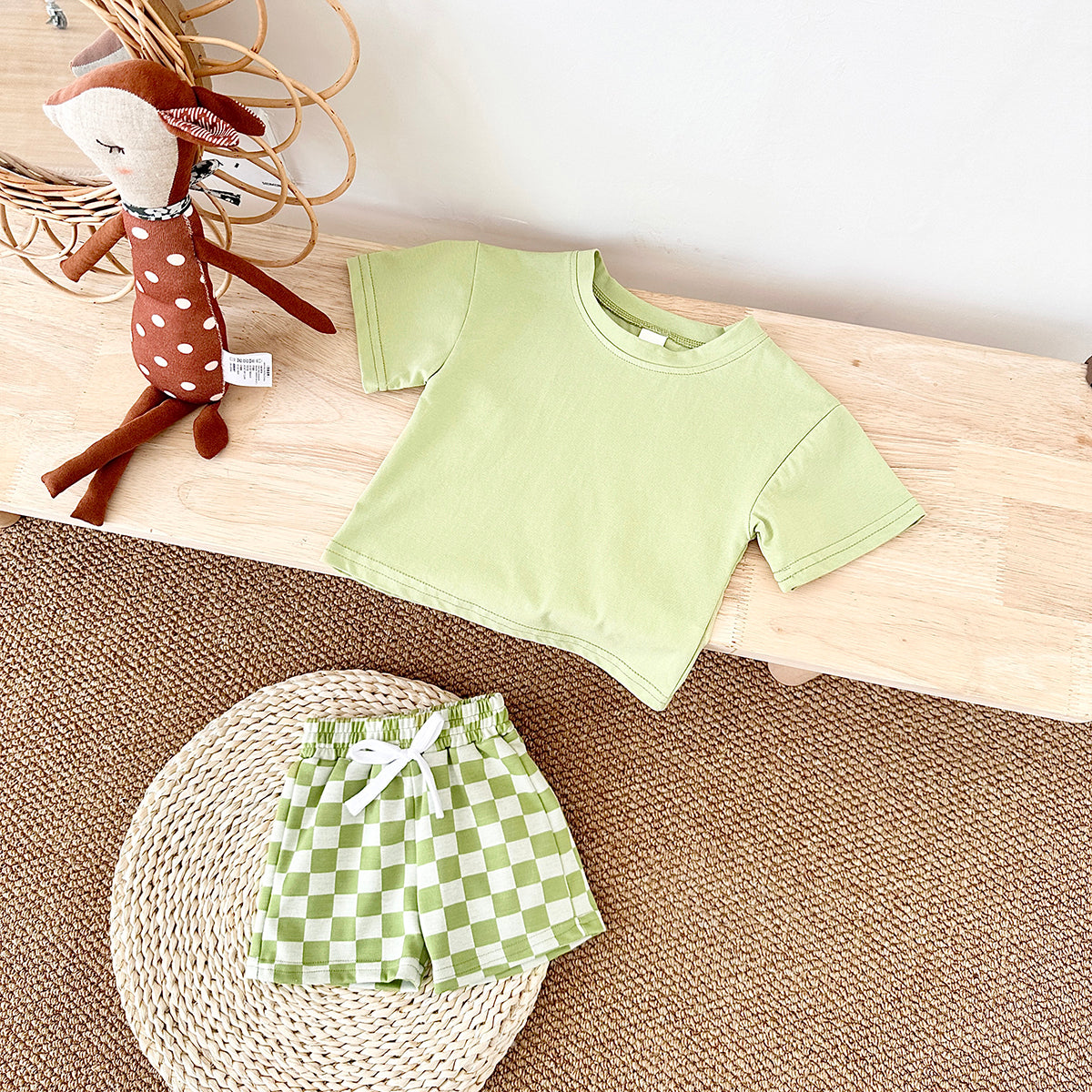 Summer Casual Solid Short Sleeve T-shirt & Plaid Shorts