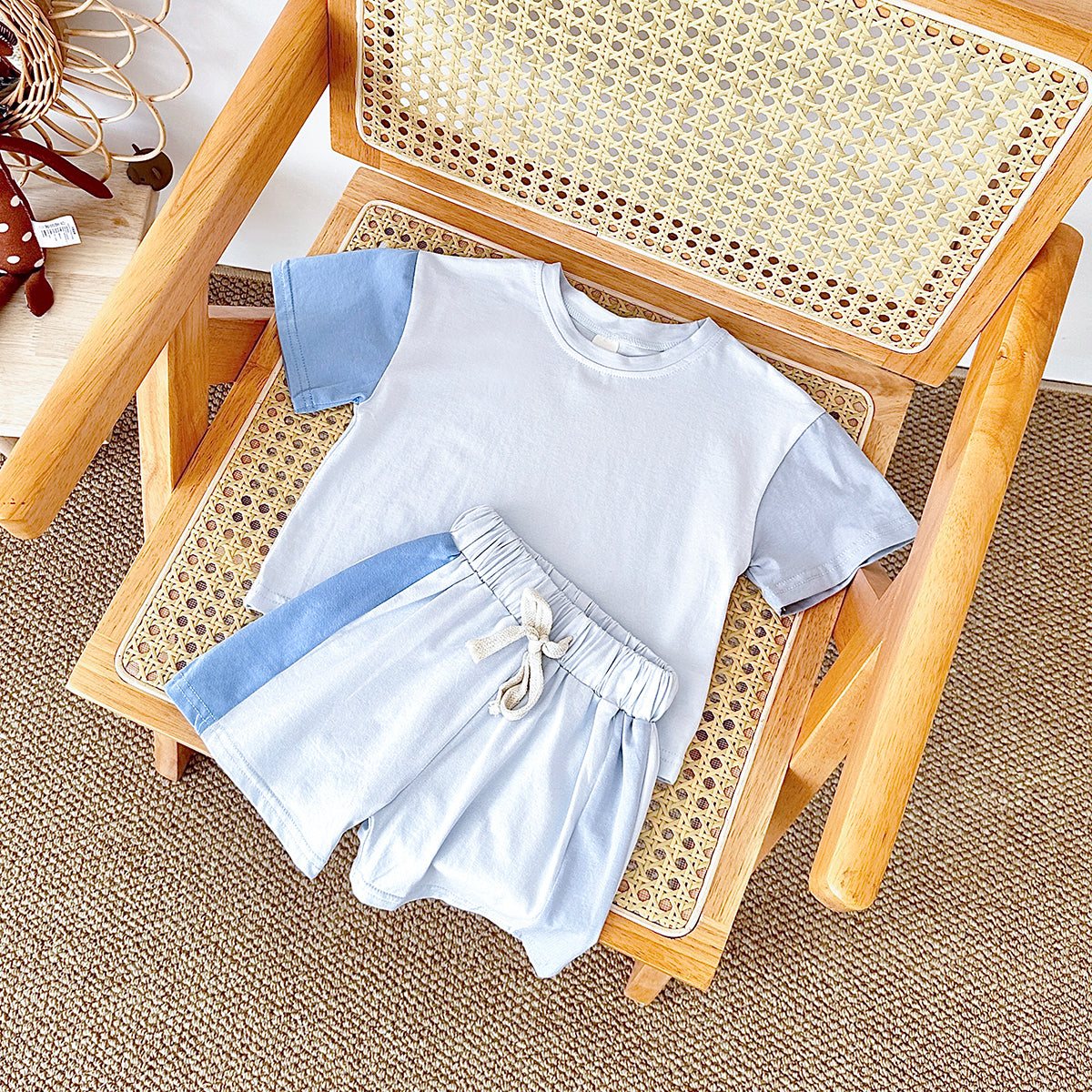 Summer Gradient Color Spliced Short Sleeve 2-Piece Set for Baby Boys & Girls