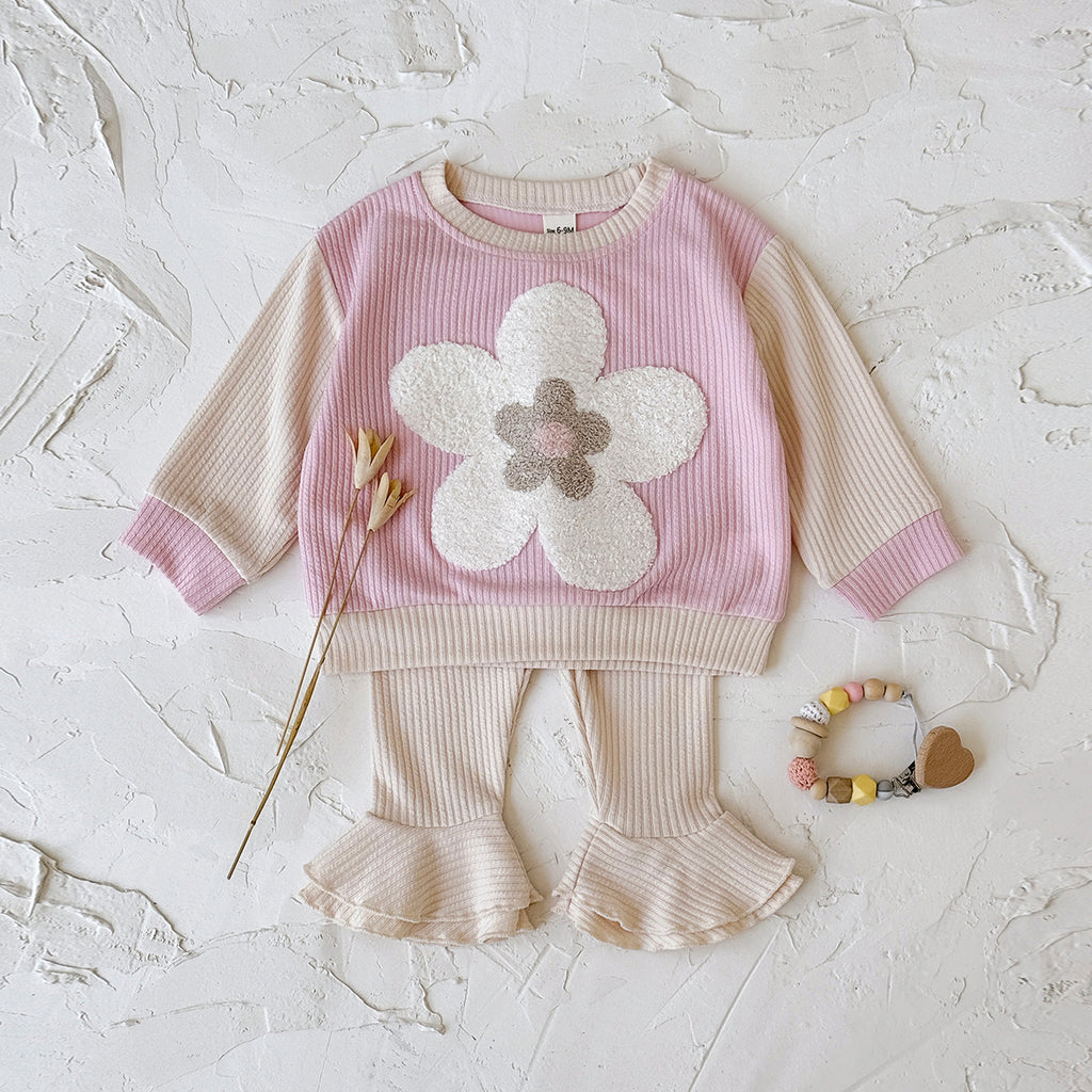 Baby Girl 3D Flower Embroidered Ribbed Long Sleeve Top and Ruffle Flared Pants Set Autumn 0-3 Years Old