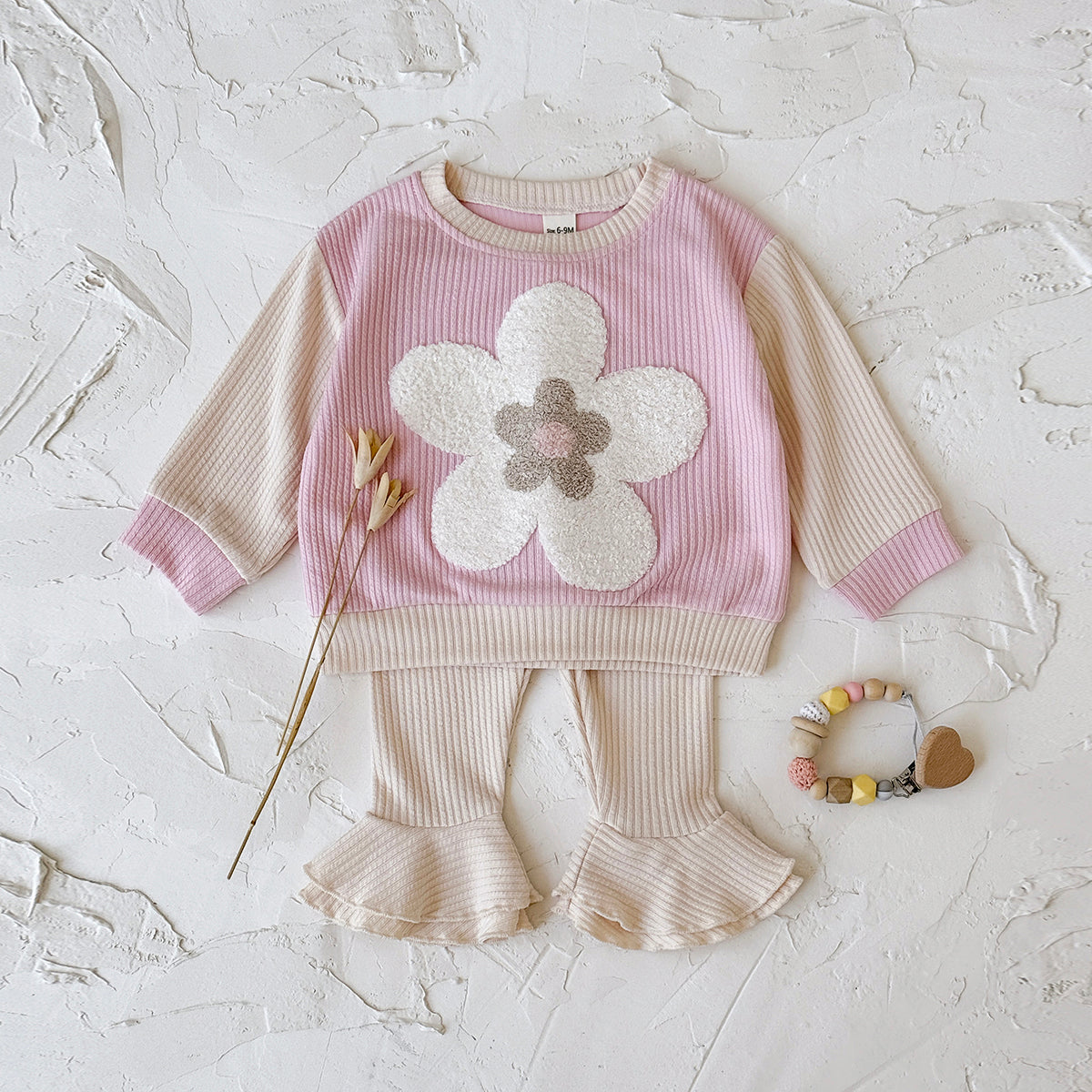 Baby Girl 3D Flower Embroidered Ribbed Long Sleeve Top and Ruffle Flared Pants Set Autumn 0-3 Years Old