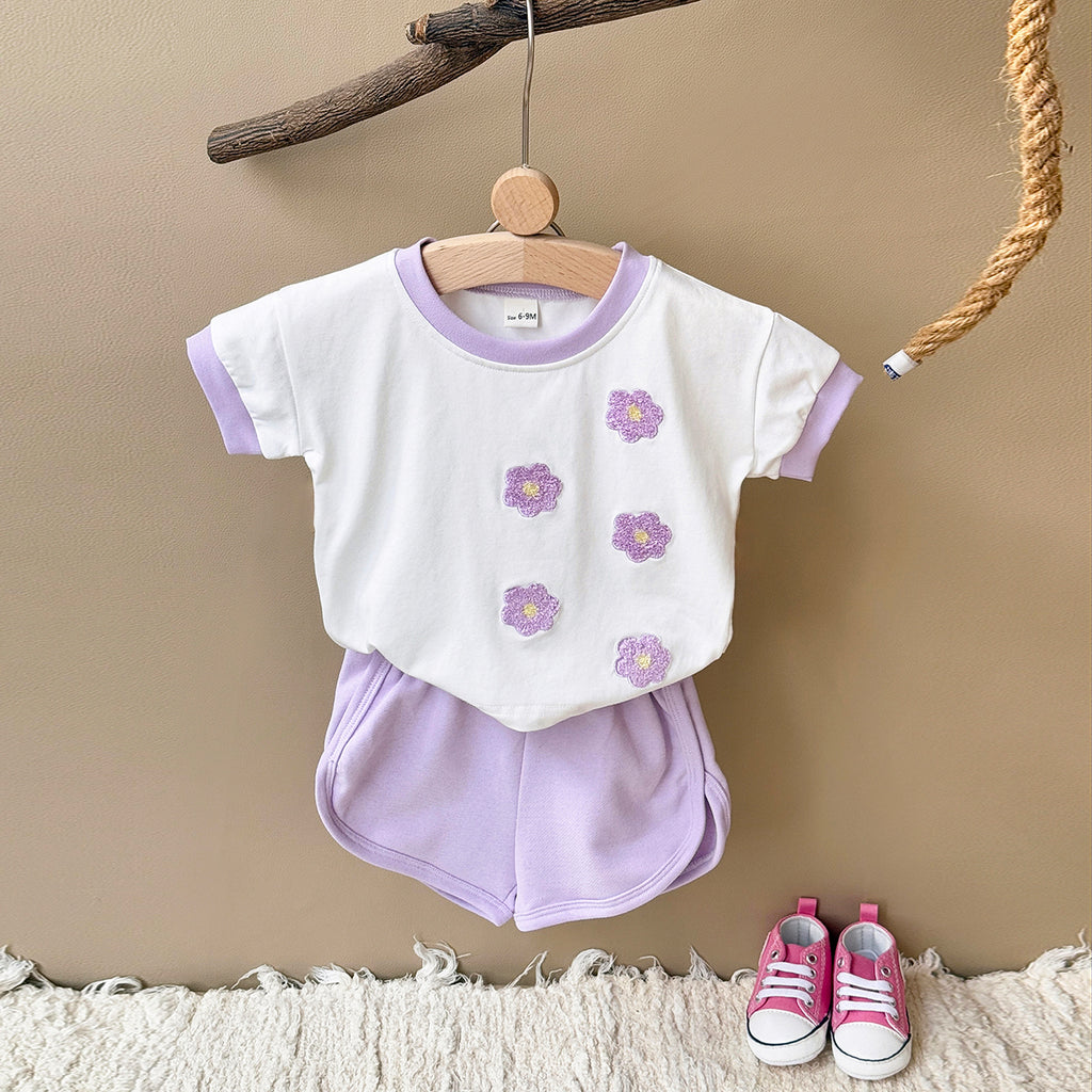 Cute Purple Floral Short Sleeve Set for Baby Girls