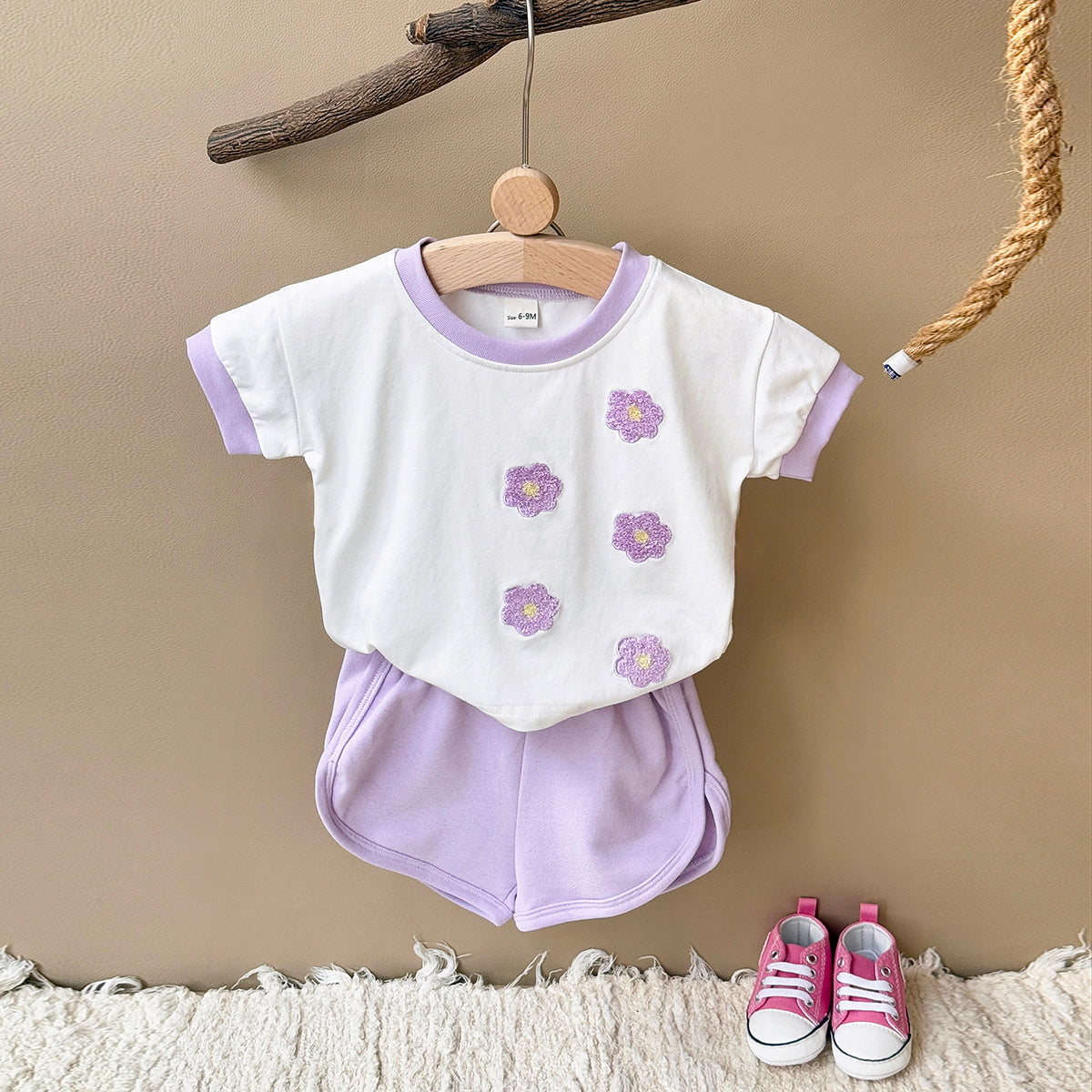 Cute Purple Floral Short Sleeve Set for Baby Girls