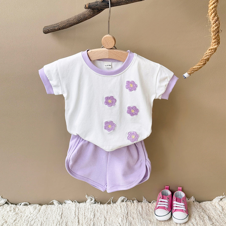 Cute Purple Floral Short Sleeve Set for Baby Girls