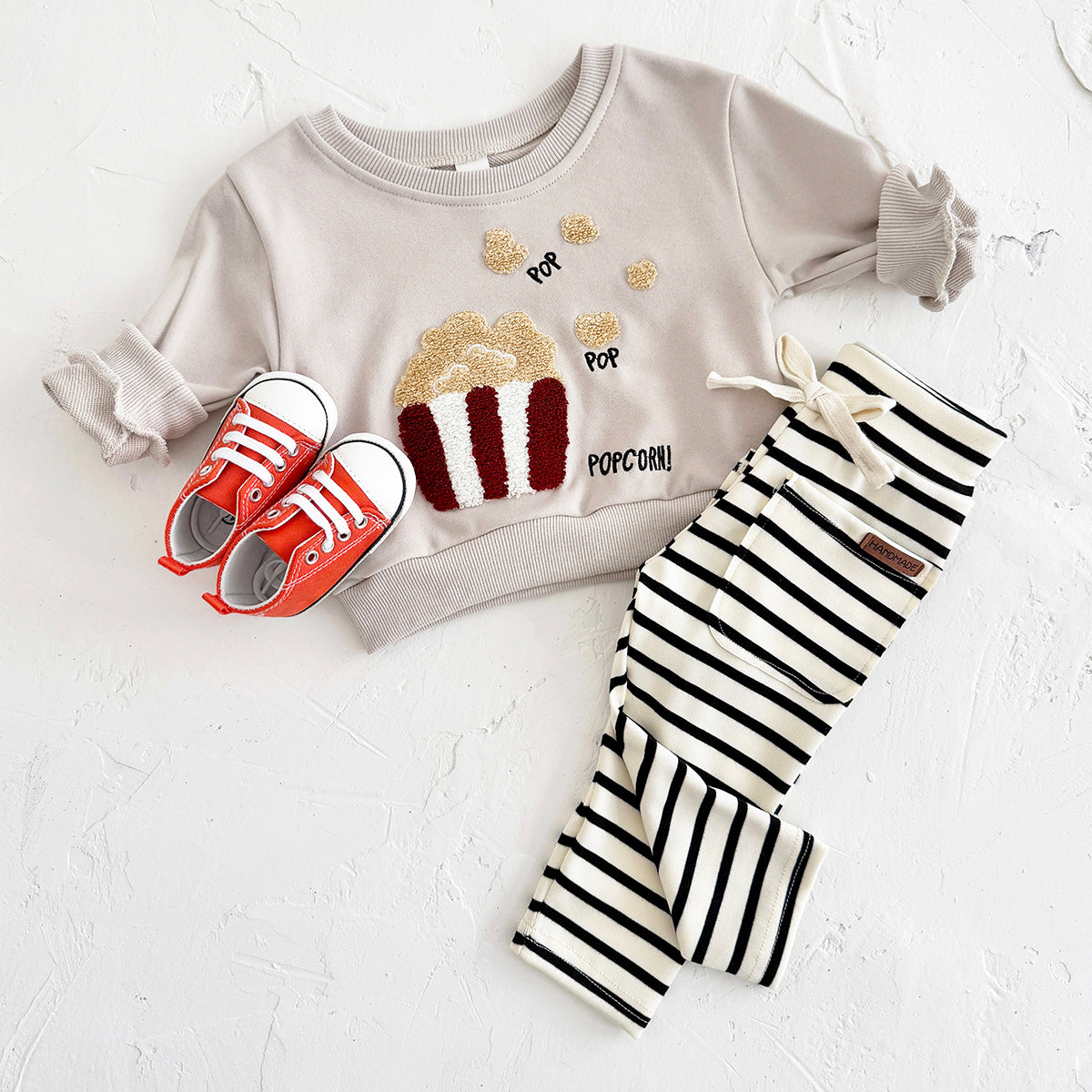 Baby Boy Girl Sweatshirt Set, Cute Popcorn Top With Soft Striped Pants
