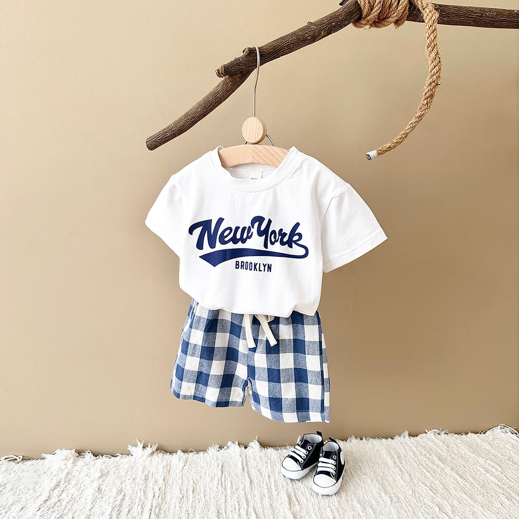 Summer Letter Print Short Sleeve T-shirt & Plaid Shorts