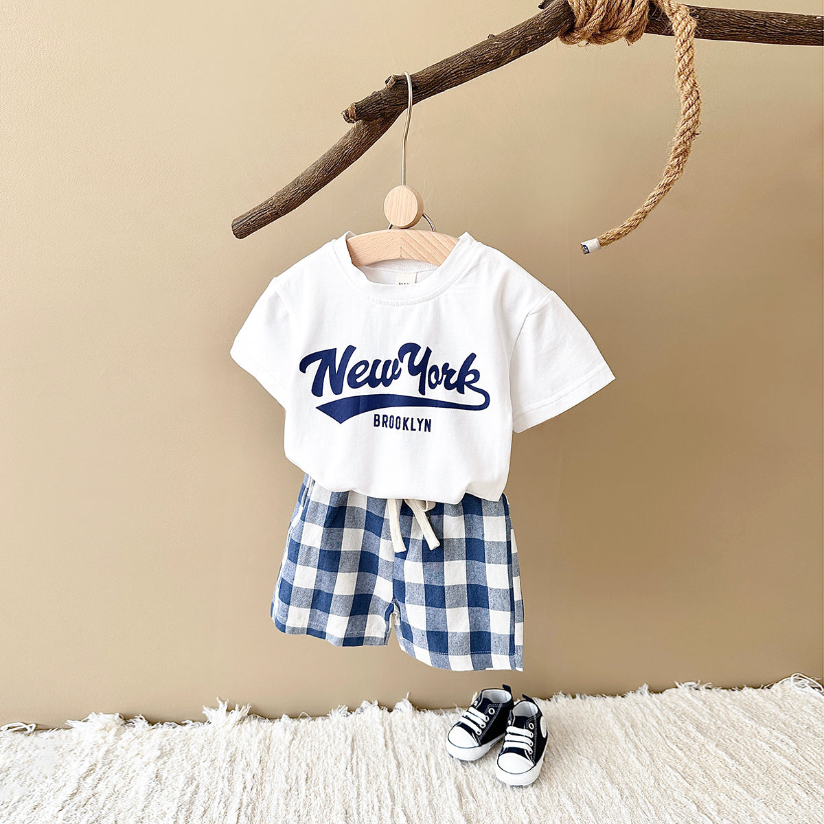 Summer Letter Print Short Sleeve T-shirt & Plaid Shorts