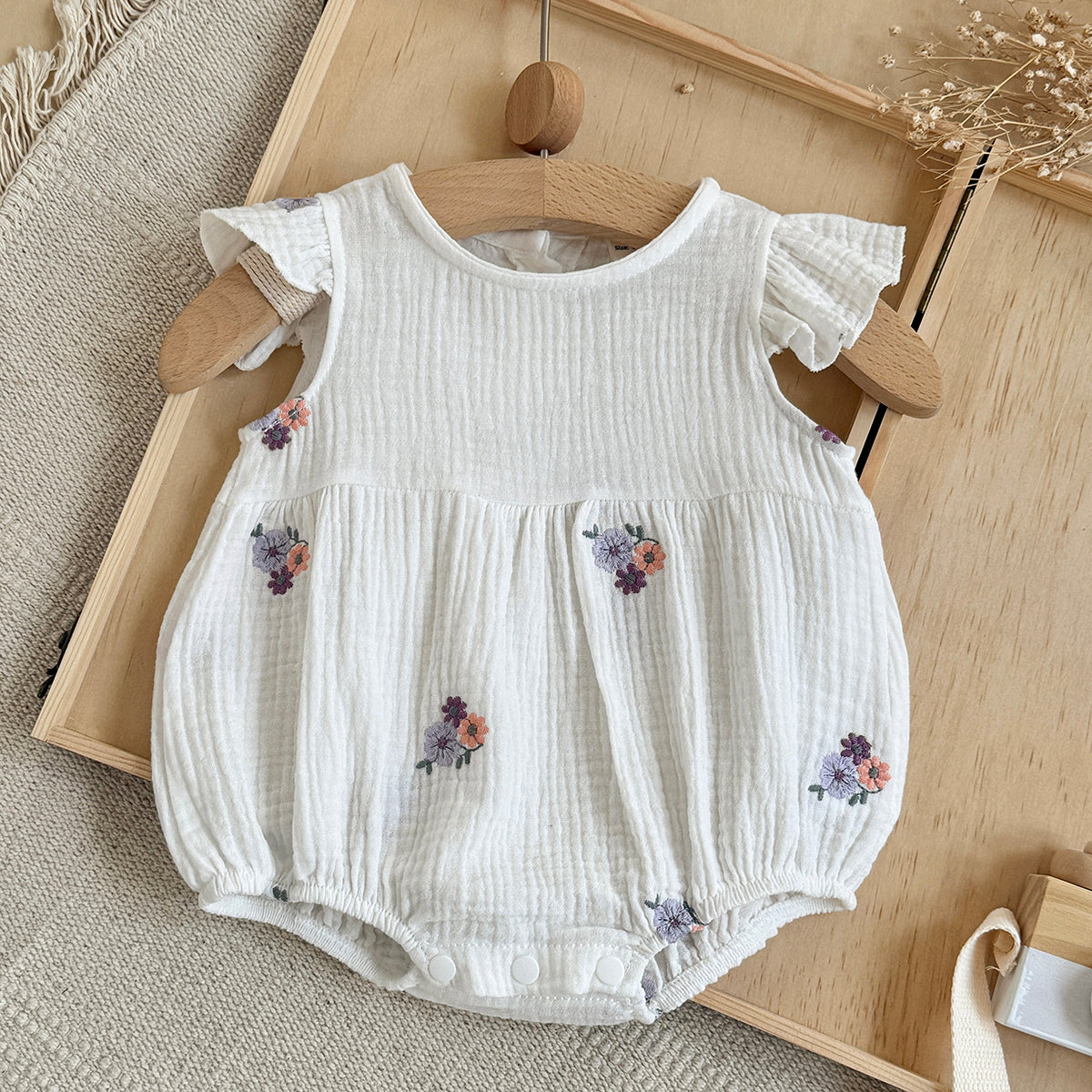 Muslin Baby Romper Floral Embroidery Flutter Sleeve Onesie