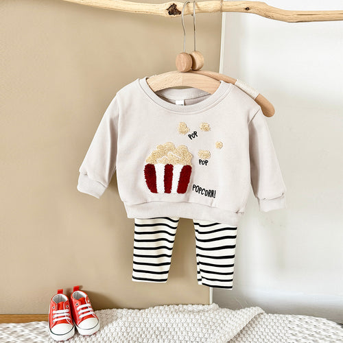 Baby Boy Girl Sweatshirt Set, Cute Popcorn Top With Soft Striped Pants