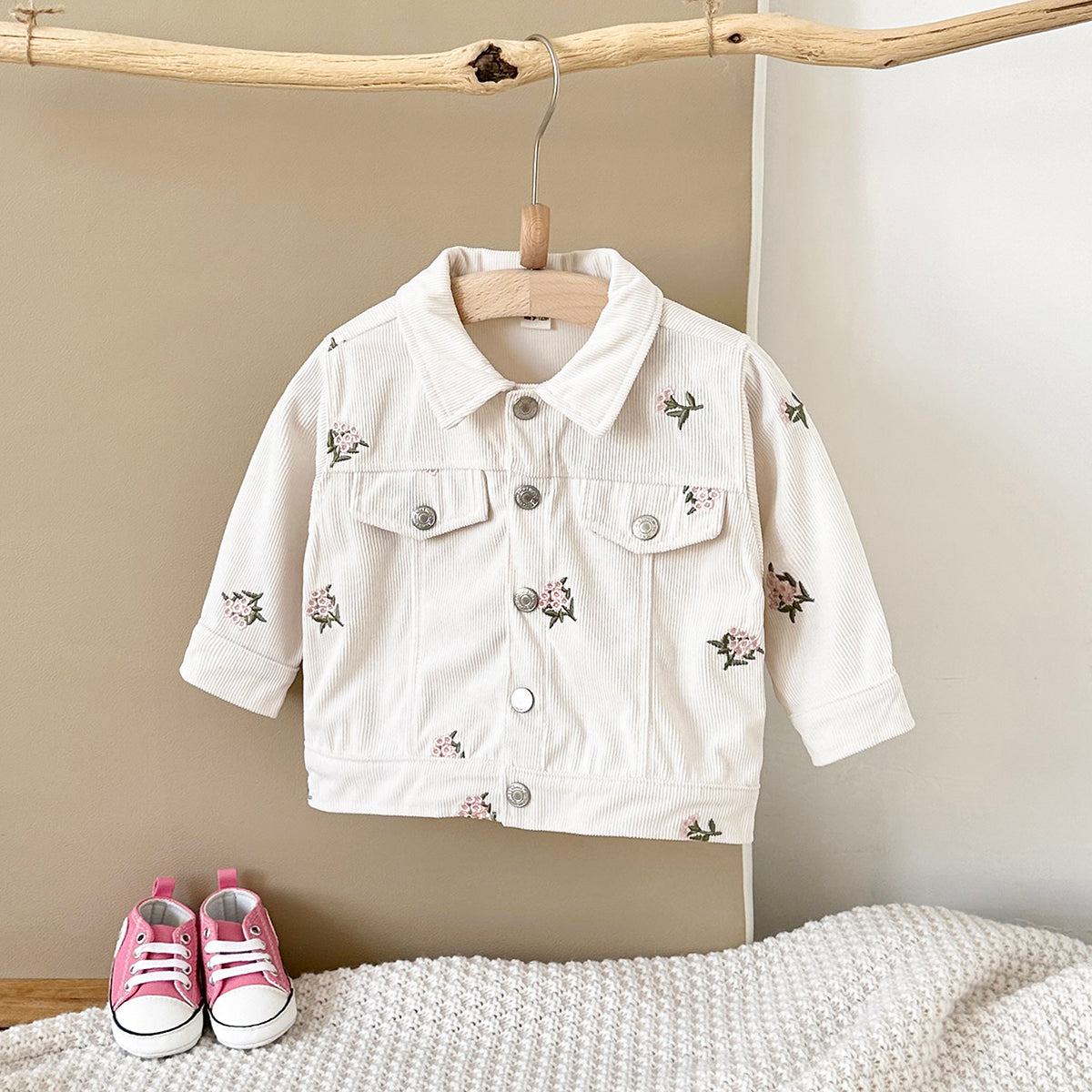 Simple Vintage Girls Corduroy Jacket, All-over Floral Embroidery Baby Coat
