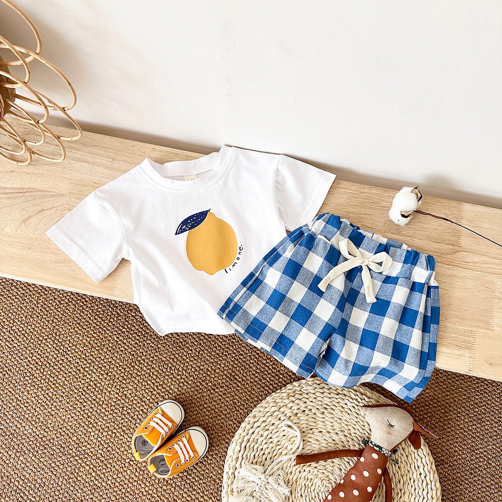Summer Yellow Plaid Shorts & Pear Print Short Sleeve T-shirt