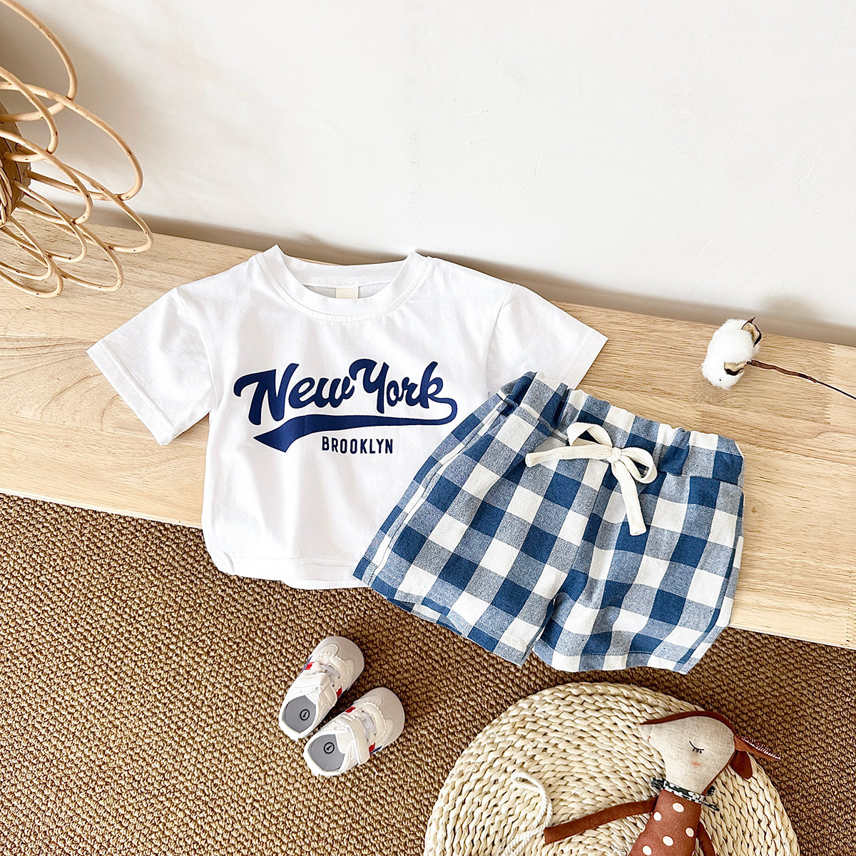 Summer Letter Print Short Sleeve T-shirt & Plaid Shorts