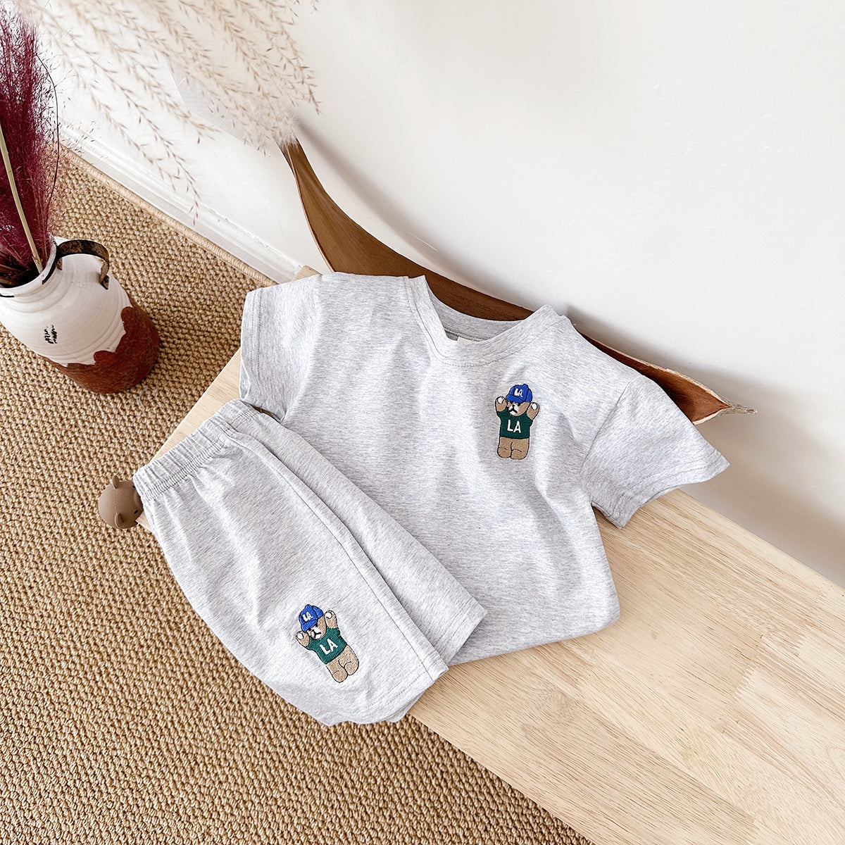 Summer Bear Embroidery Short Sleeve Tee Set