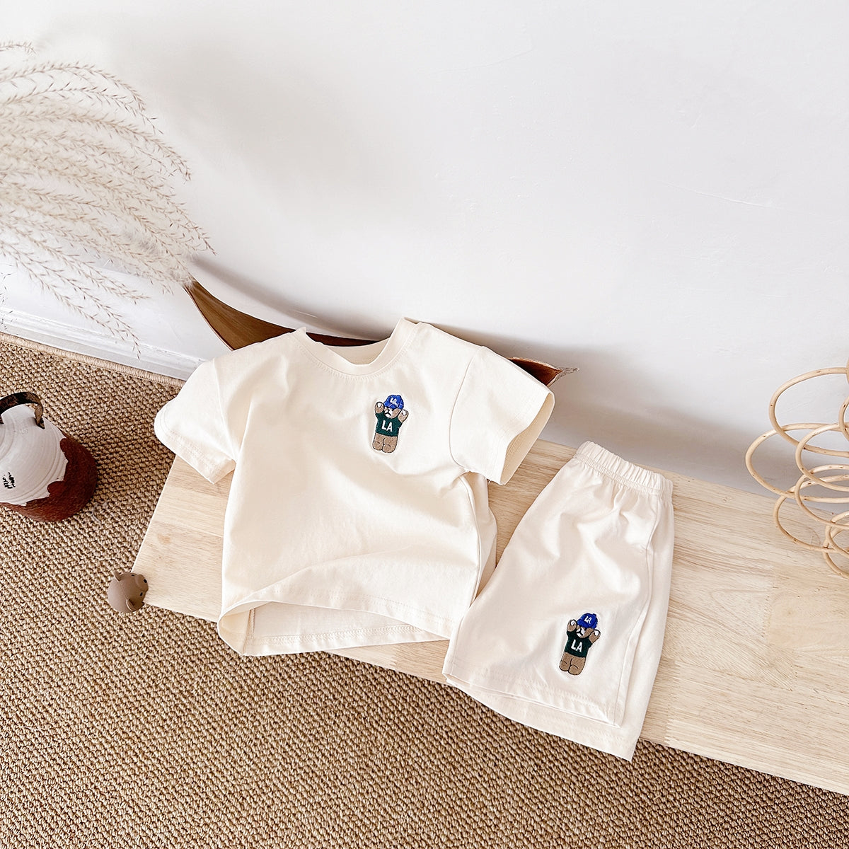 Summer Bear Embroidery Short Sleeve Tee Set