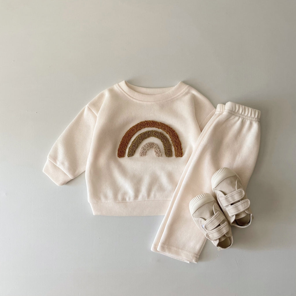 Cream Waffle Baby Set Earth Tone Rainbow Towel Embroidery Newborn 2Pcs
