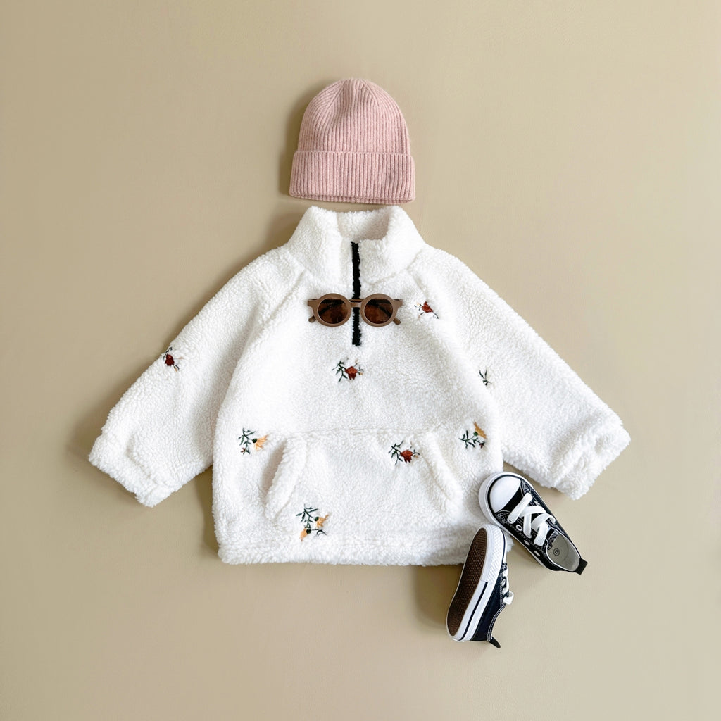 Toddler Half-Zip Sherpa Fleece Jacket, Floral Embroidery Warm Kids Outerwear