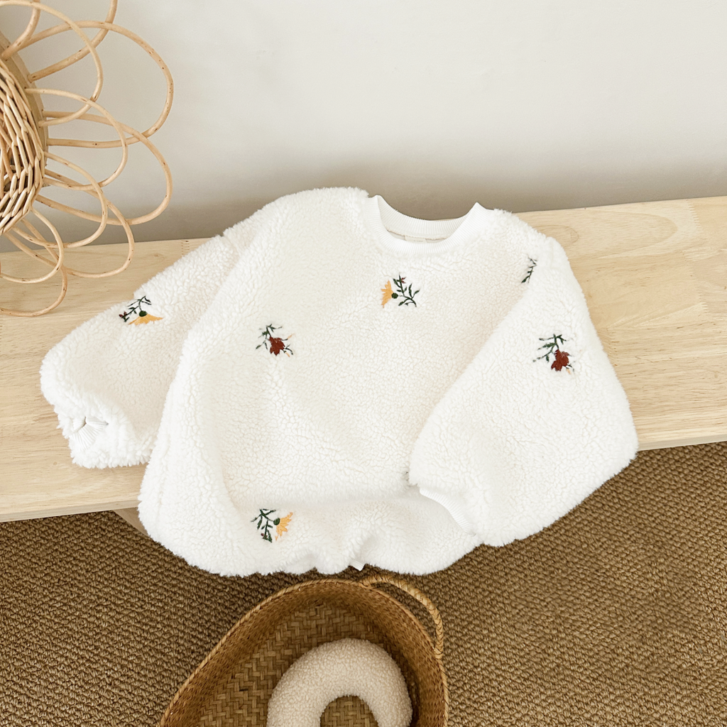 Autumn Winter Thick Fuzzy Baby Romper With Floral Embroidery