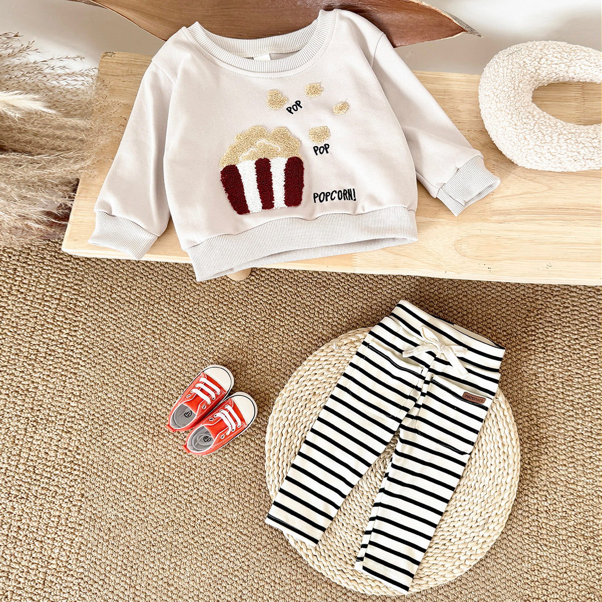 Baby Boy Girl Sweatshirt Set, Cute Popcorn Top With Soft Striped Pants