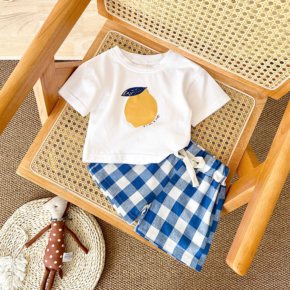 Summer Yellow Plaid Shorts & Pear Print Short Sleeve T-shirt