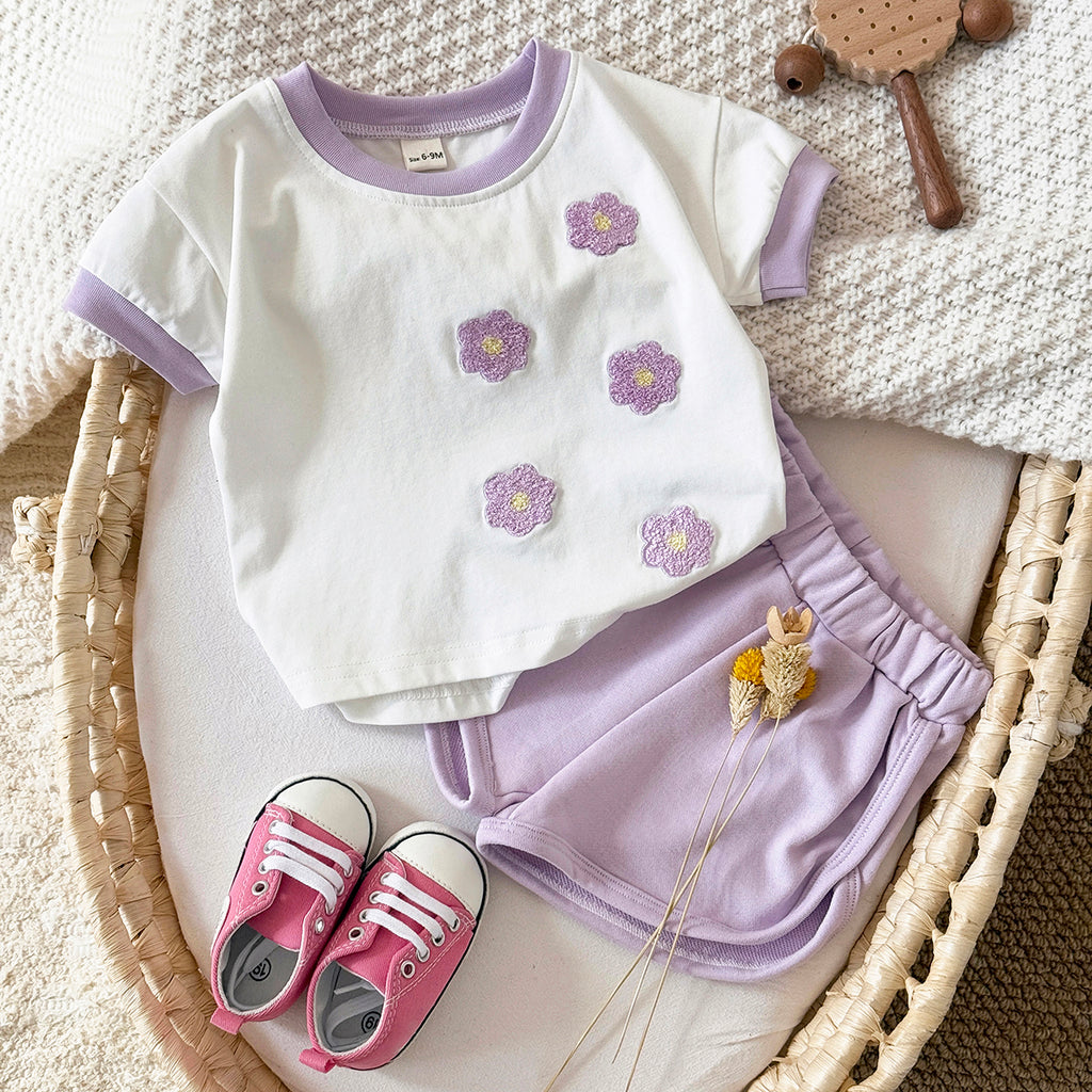 Cute Purple Floral Short Sleeve Set for Baby Girls