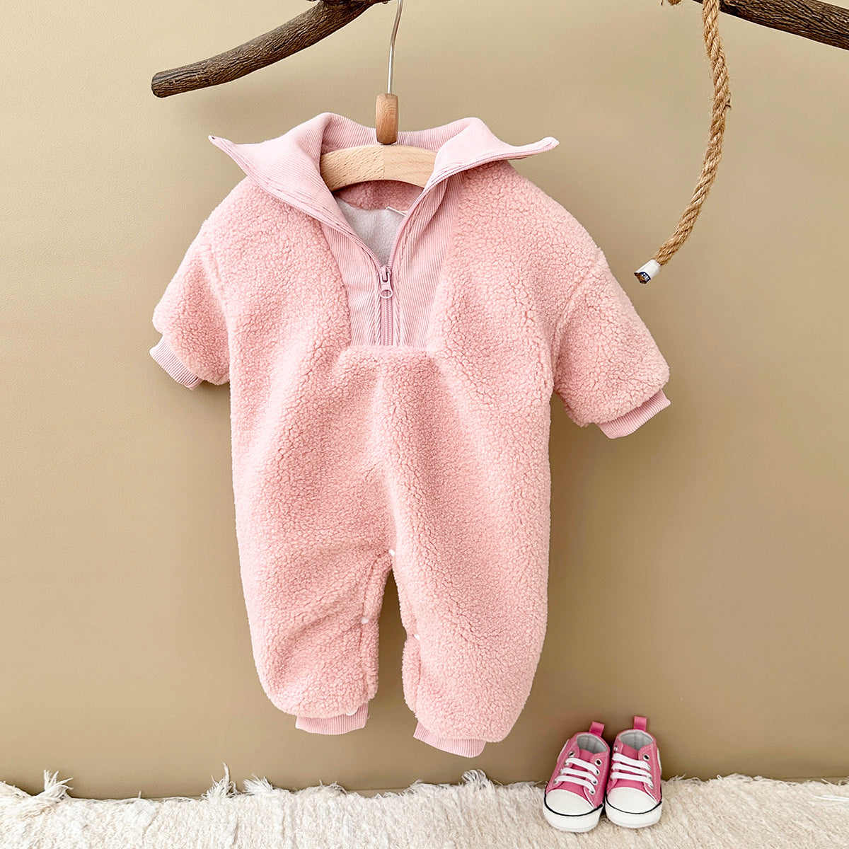 Baby Boy Girl Collar Sherpa Romper, Half Zip Winter Infant Outfit