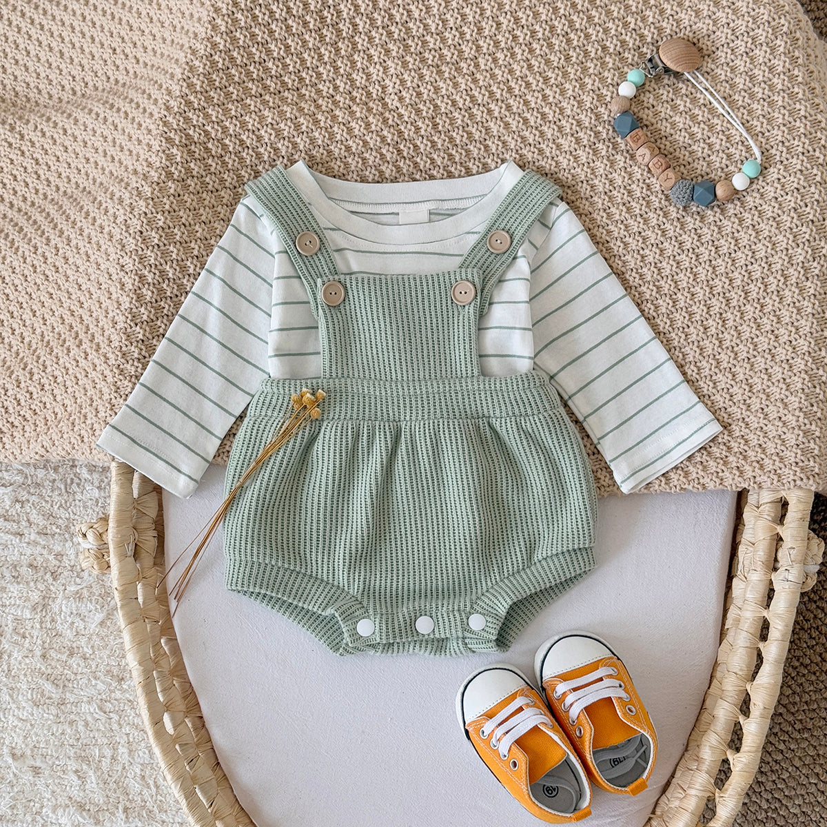 Neutral Baby Striped Long Sleeve and Suspender Romper Set 1-18 Months