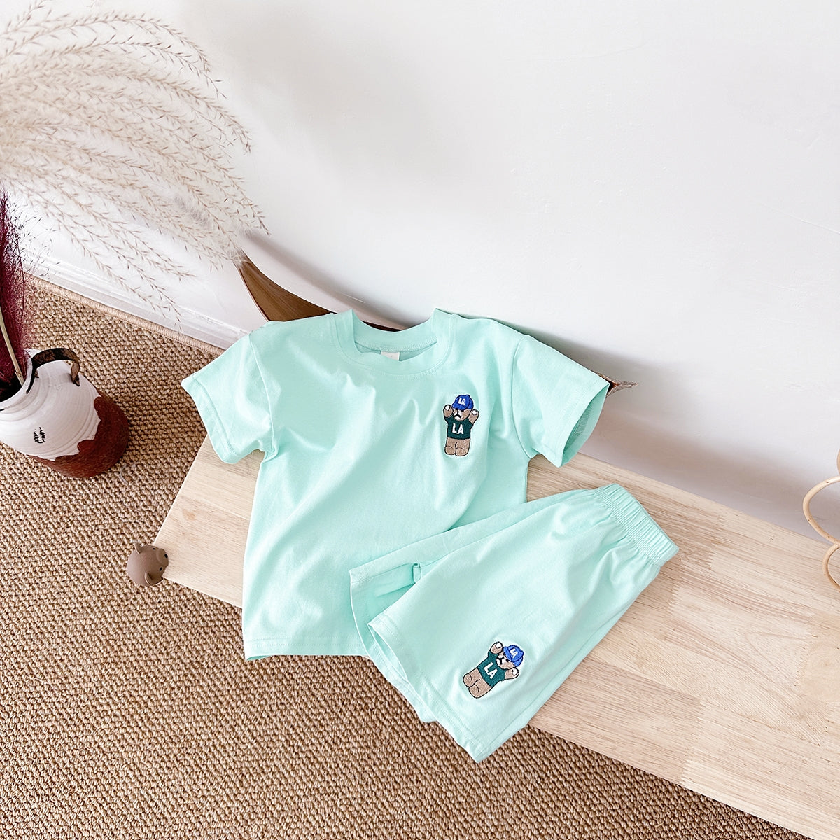 Summer Bear Embroidery Short Sleeve Tee Set