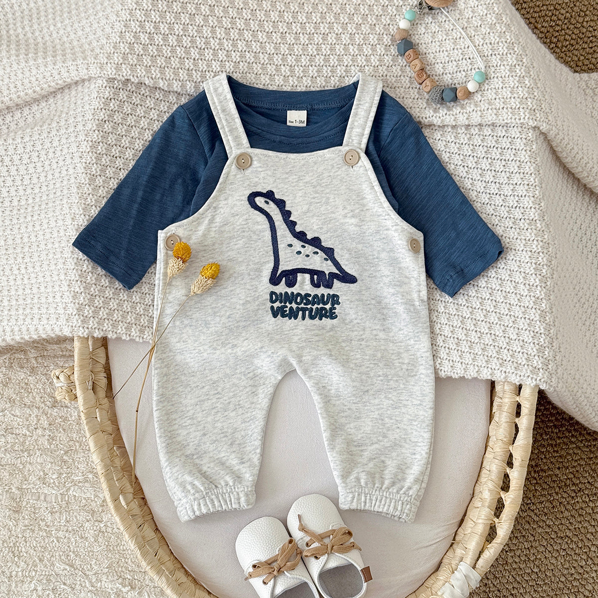 Neutral Baby Dinosaur Cotton Suspender Pants Outfit Set 1-18 Months