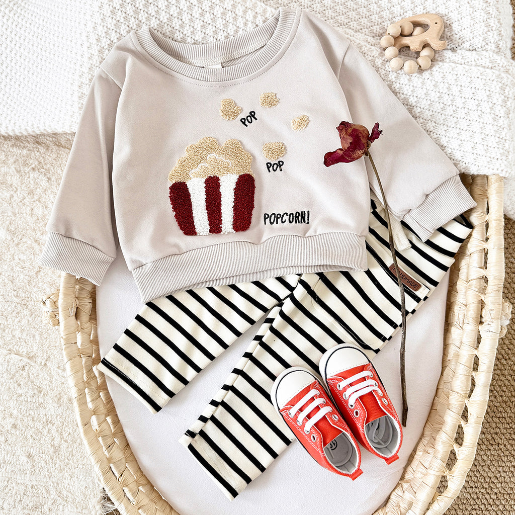 Baby Boy Girl Sweatshirt Set, Cute Popcorn Top With Soft Striped Pants
