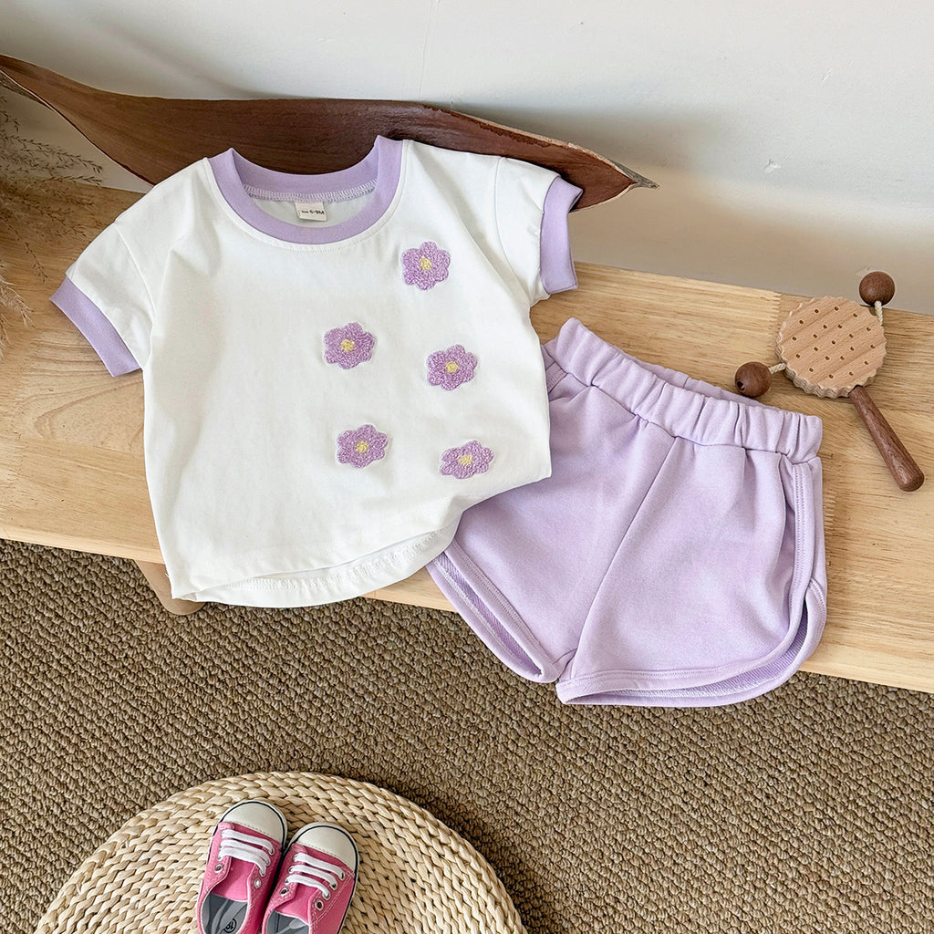 Cute Purple Floral Short Sleeve Set for Baby Girls