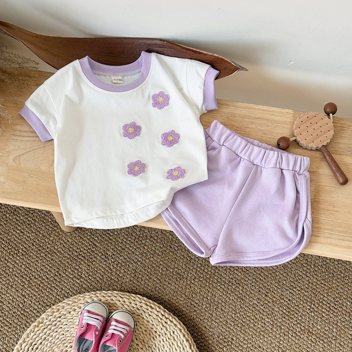 Cute Purple Floral Short Sleeve Set for Baby Girls