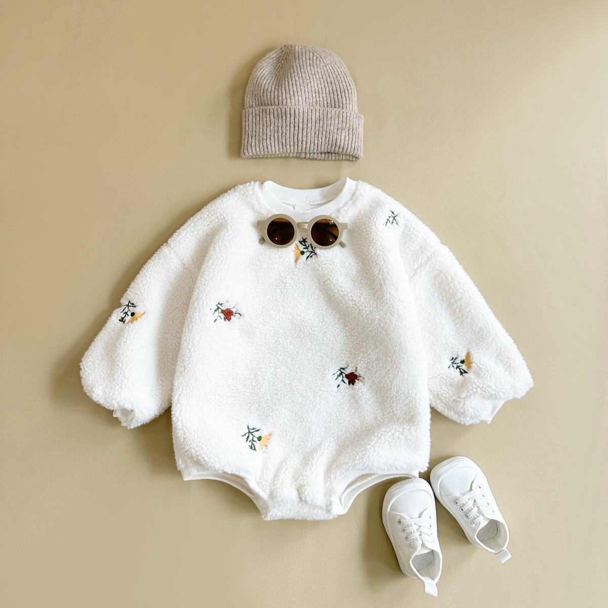 Autumn Winter Thick Fuzzy Baby Romper With Floral Embroidery