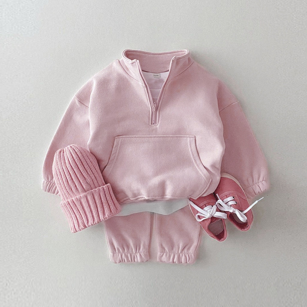 Versatile Kids Solid Half Zip 2Pcs Set Drop Shoulder Sweatshirt Casual Jogger For Girls