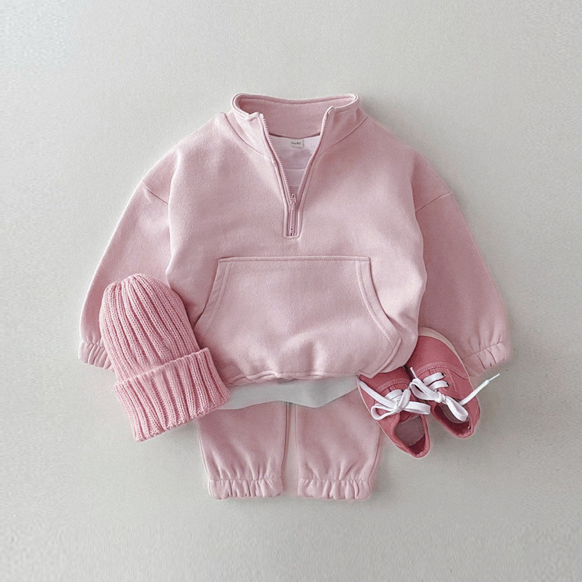 Versatile Kids Solid Half Zip 2Pcs Set Drop Shoulder Sweatshirt Casual Jogger For Girls