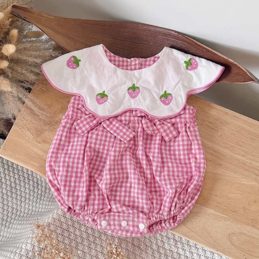 Strawberry Embroidered Gingham Baby Girl Bubble Romper