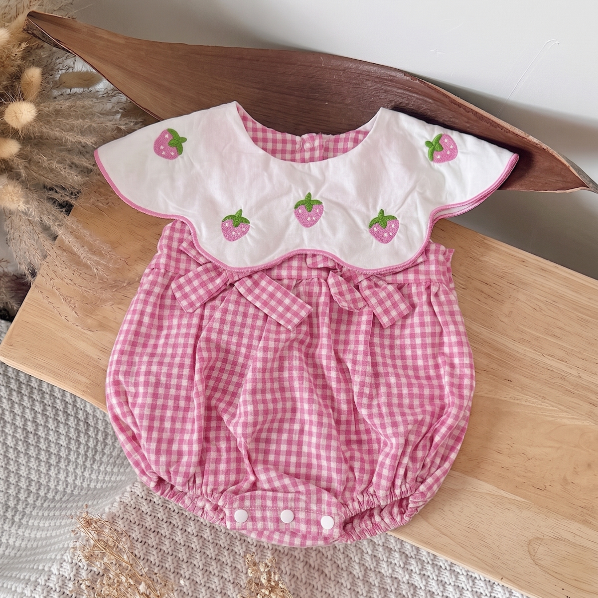 Strawberry Embroidered Gingham Baby Girl Bubble Romper