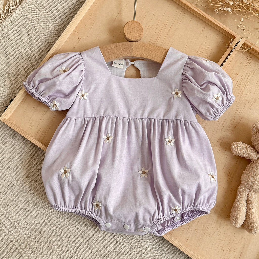 Baby Girl Floral Embroidery Puff Sleeve Bubble Romper