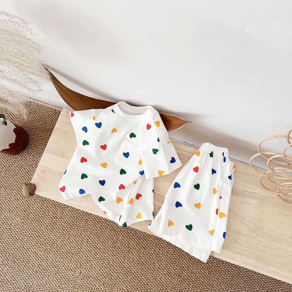 Sweet Rainbow Tiny Heart Girls Set Pocket Cotton Summer Baby 2Pcs Suit