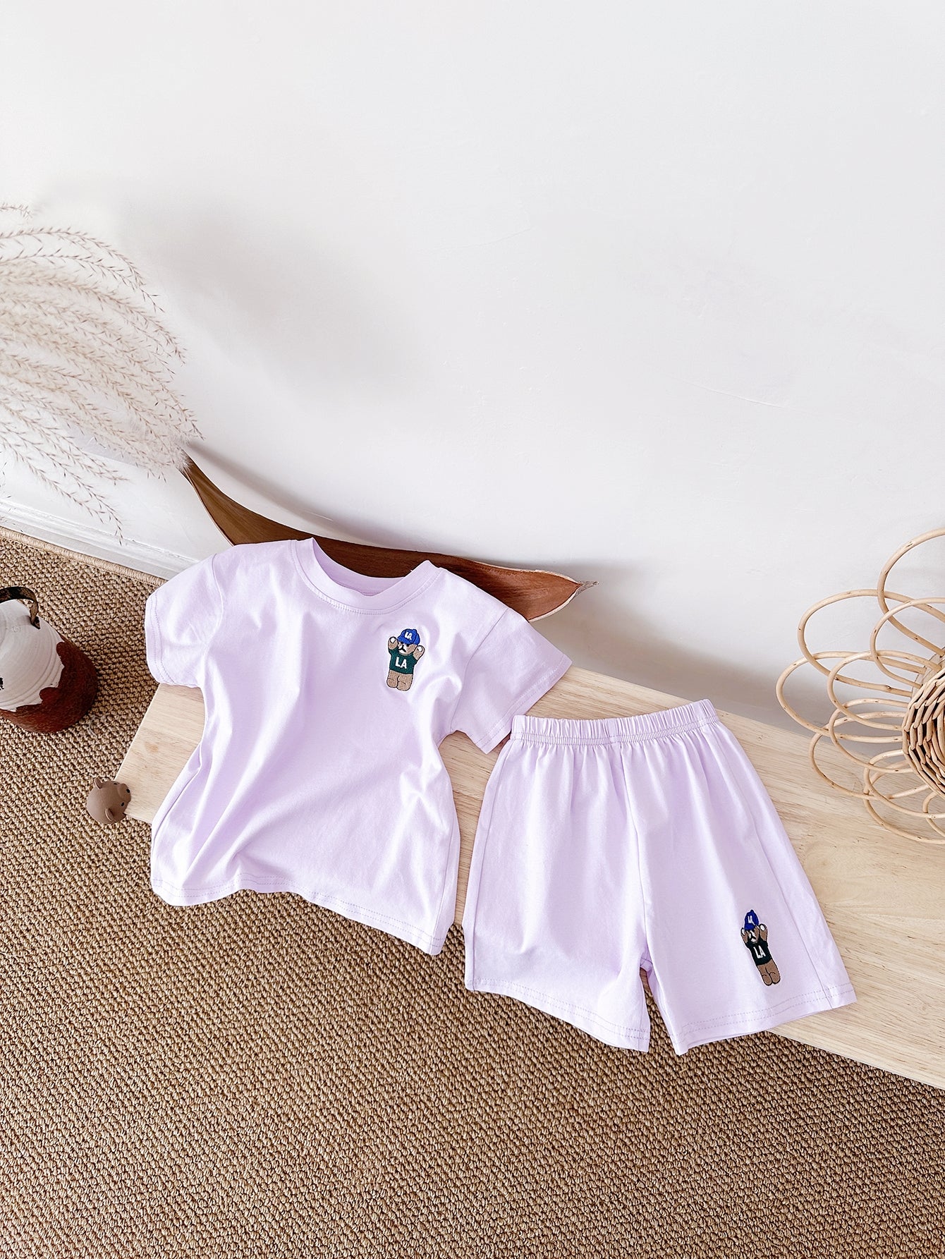 Korean Simple White Baby Summer Clothes Cotton Bear Infant Loungewear