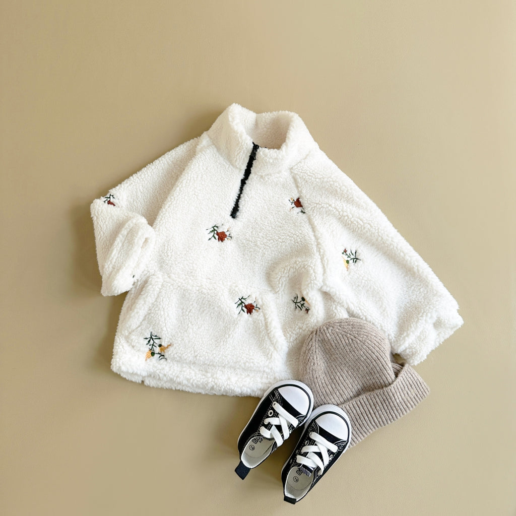 Toddler Half-Zip Sherpa Fleece Jacket, Floral Embroidery Warm Kids Outerwear