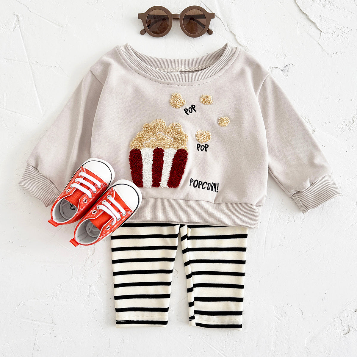 Baby Boy Girl Sweatshirt Set, Cute Popcorn Top With Soft Striped Pants