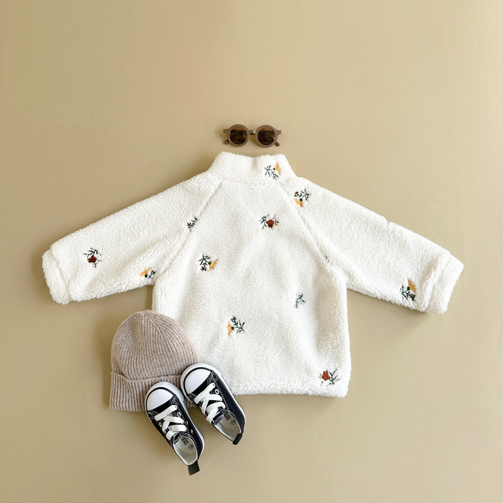 Toddler Half-Zip Sherpa Fleece Jacket, Floral Embroidery Warm Kids Outerwear